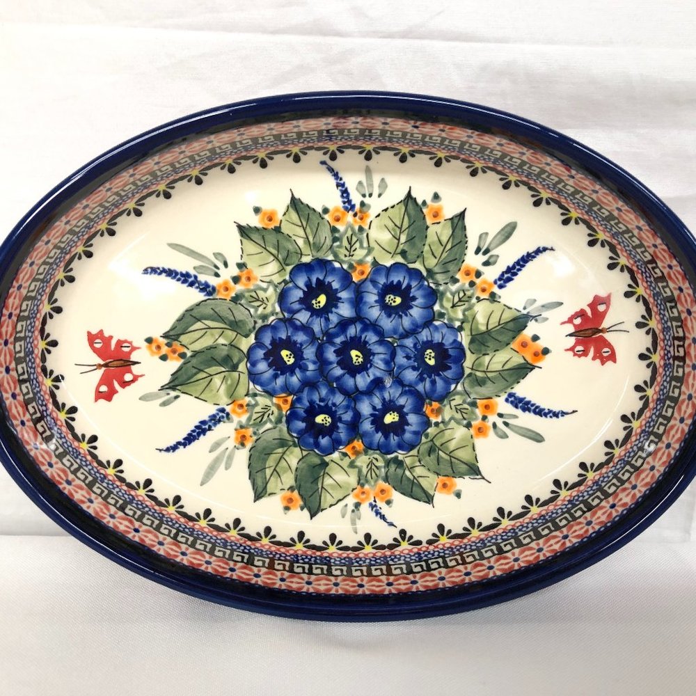Boleslawiec Unikat Poland Pottery Oval Baking Serving Dish Blue Pansies Floral